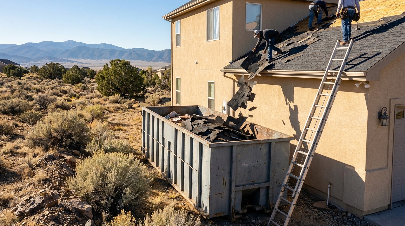 Roofing dumpster during a tear-off in Oxnard